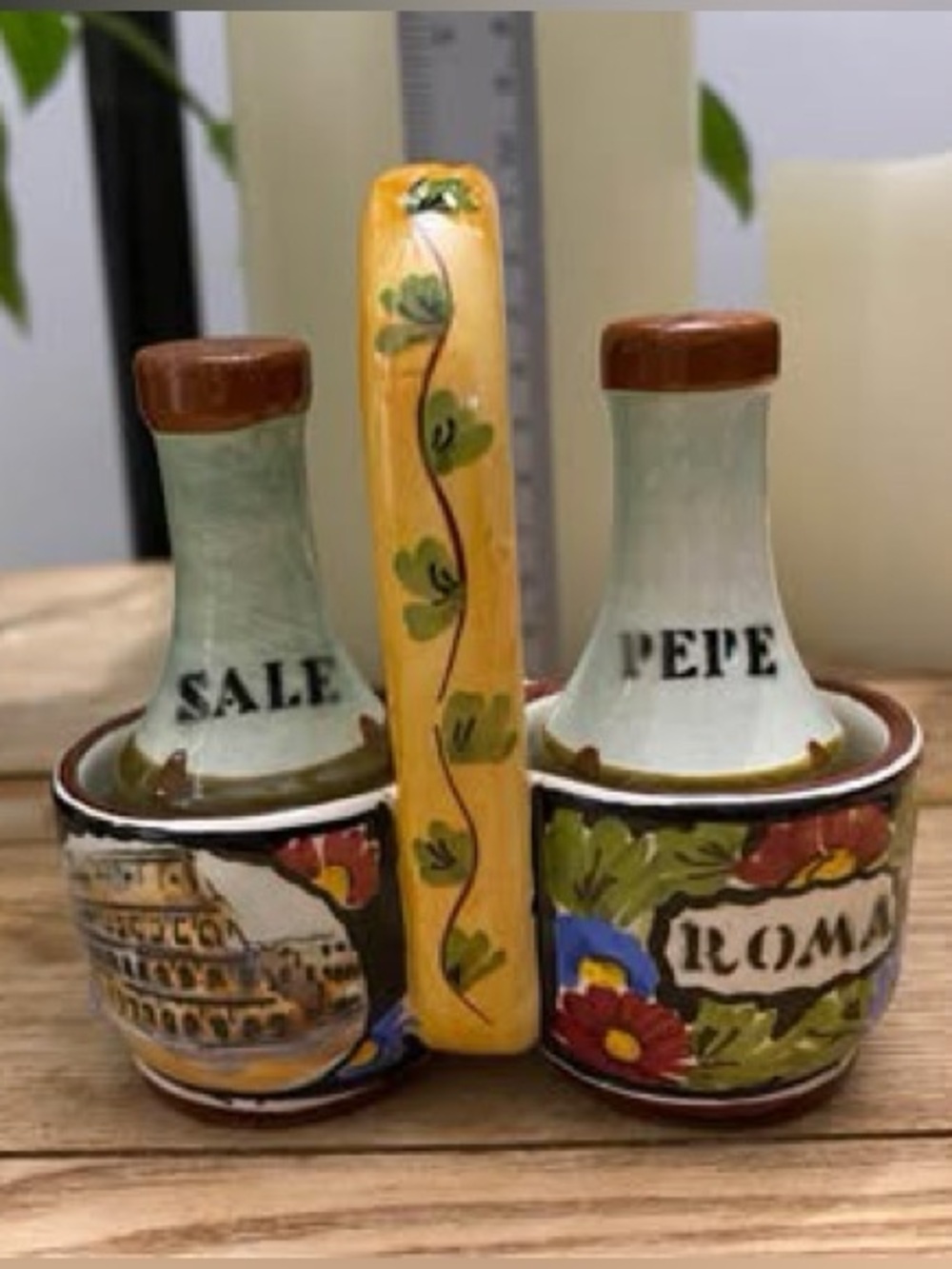 Vintage Marmaca San Marino Ceramic Salt & Pepper Set with Caddy Roma Landmark